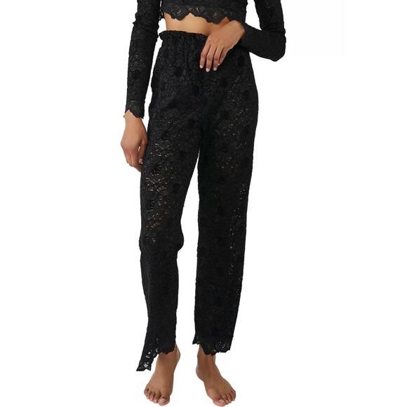 Free People Cloud Ride Black Lace Wide Leg Pull-On Loungewear Pants Size Small - Picture 1 of 4